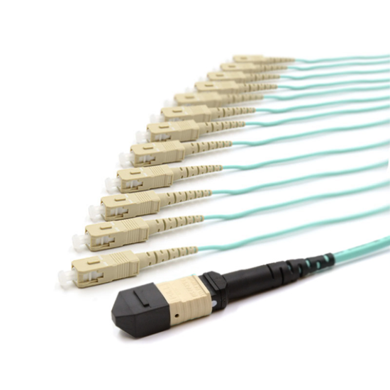 Picture of 12 Fiber MPO/UPC Standard Female to (x12) SC/UPC - 50/125µm Multimode OM3 - Micro Distribution Aqua Plenum Rated - 0.5 Meter Breakout Length using 2mm Tubing
