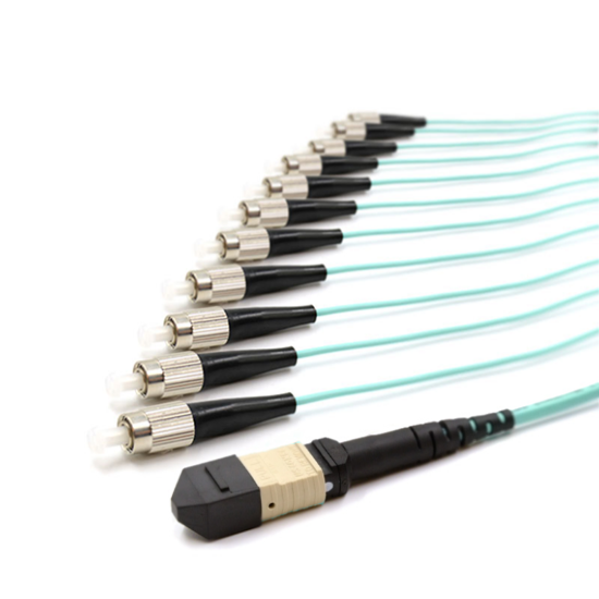 Picture of 12 Fiber MPO/UPC Standard Male to (x12) FC/UPC - 50/125µm Multimode OM3 - 3mm Micro Distribution Aqua Plenum Rated - 0.5 Meter Breakout Length using 2mm Tubing