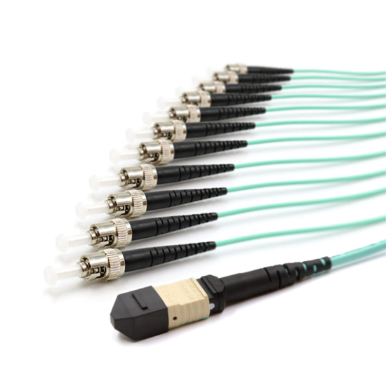 Picture of 12 Fiber MPO/UPC Standard Male to (x12) ST/UPC - 50/125µm Multimode OM3 - Micro Distribution Aqua Plenum Rated - 0.5 Meter Breakout Length using 2mm Tubing